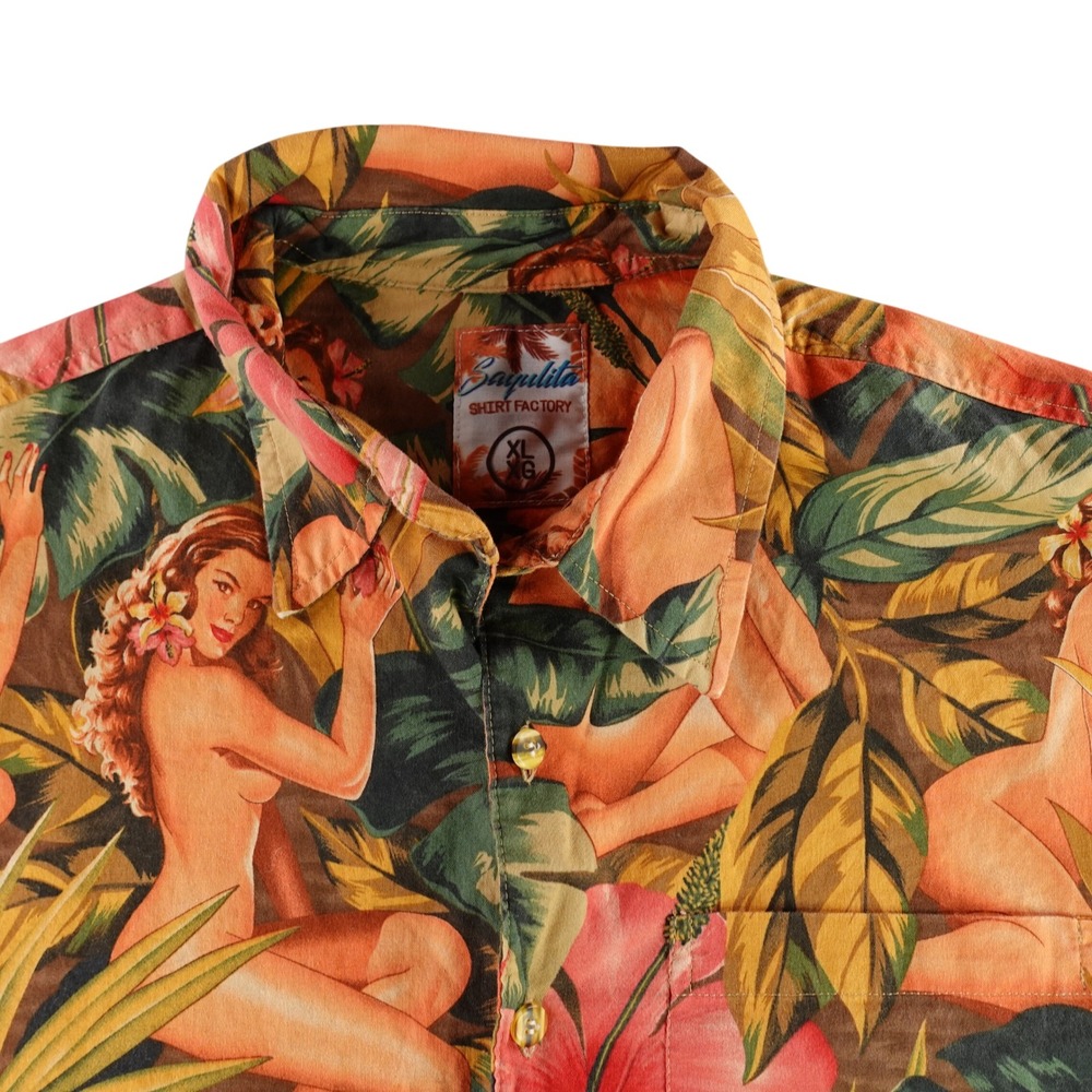 Sayulita Hawaiian Shirt Mens XL Pin Up Girl Tropical Aloha Camp Hibiscus